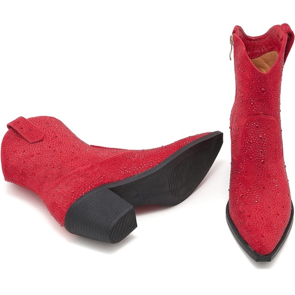 BRAND NEW Red Rhinestone Cowboy Boots with Black Heel - Picture 2 of 5